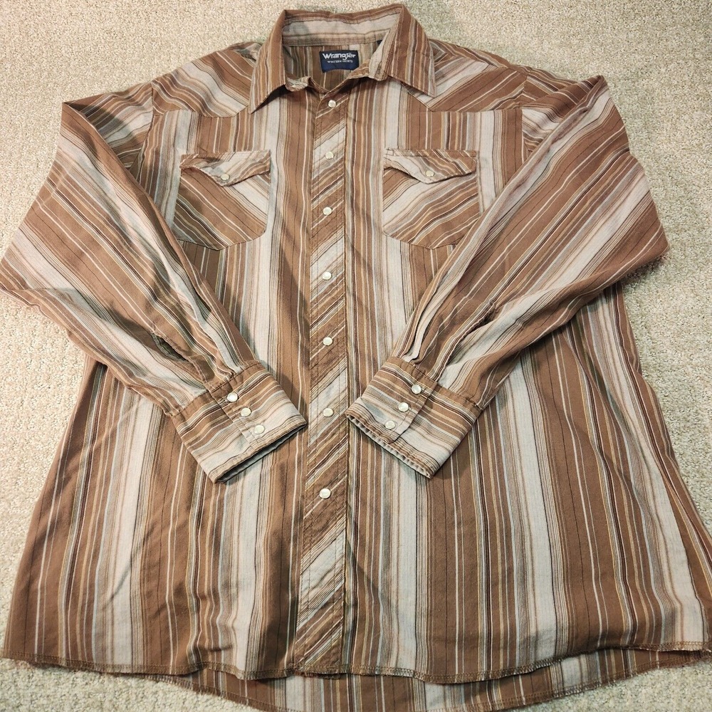 Wrangler Western Shirt Pearl Snap Mens XLT Brown Tan Striped Long Sleeves